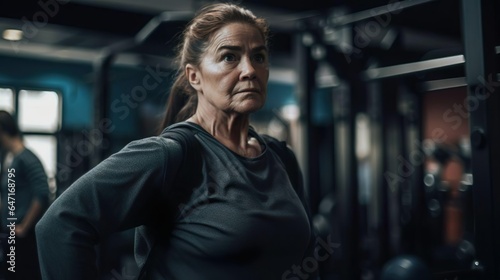 An elderly female athlete coach woman in the gym. Muscular  sportive mature woman. Concept of action  motion  calories  healthy lifestyle.