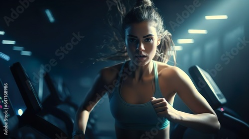 Beautiful female athlete runner sprinter young woman running on a treadmill in the gym. Muscular, sportive girl. Concept of action, motion, calories, healthy lifestyle. © Irina