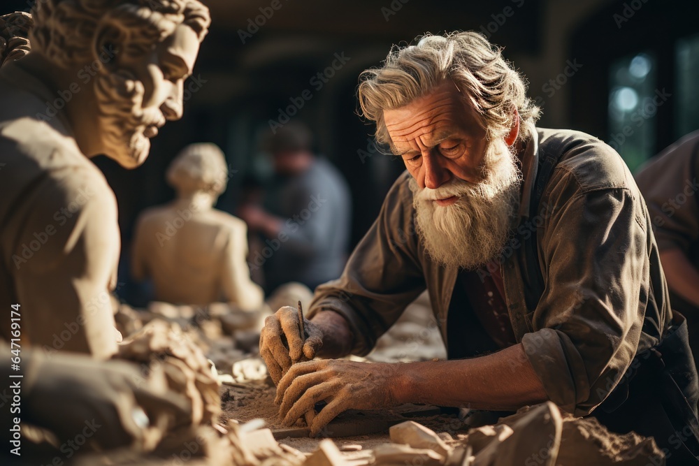 Older Man sculptor creates sculpture clay human model, Generate With Ai.