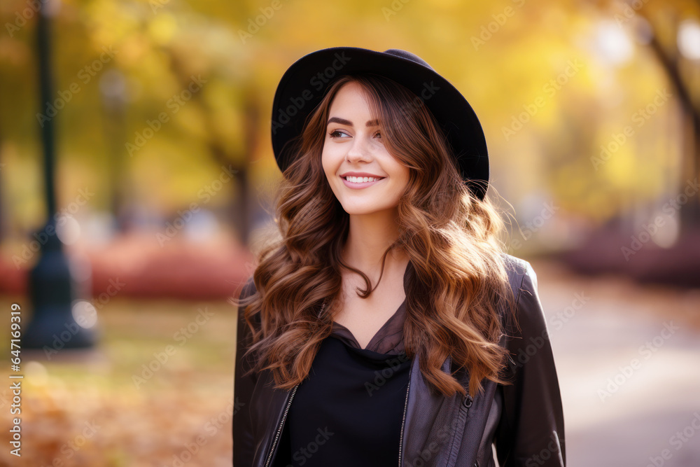 Young smile brunette woman walking at park in autumn morning