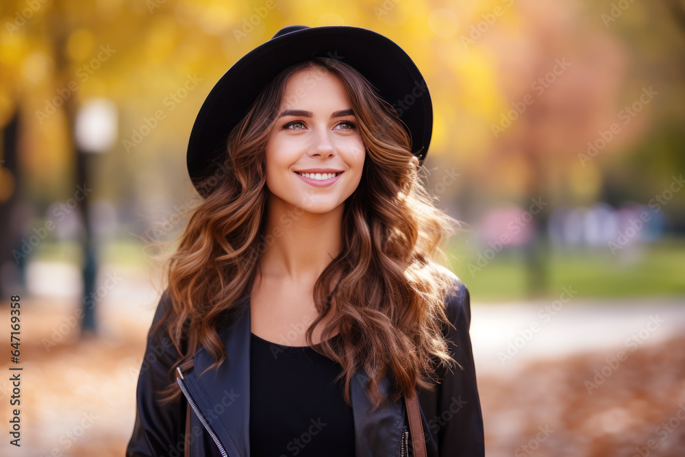 Young smile brunette woman walking at park in autumn morning Young smile brunette woman walking at park in autumn morning