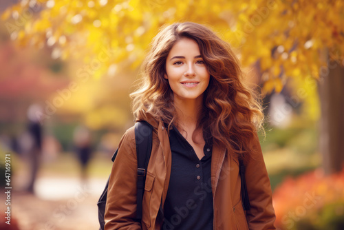 Young smile brunette woman walking at park in autumn morning