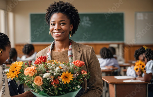 African American teacher portrait with a bouquet of flowers