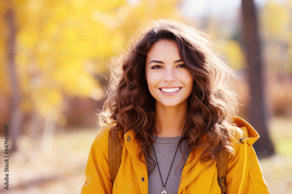 Young smile brunette woman walking at park in autumn morning Young smile brunette woman walking at park in autumn morning