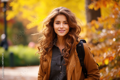 Young smile brunette woman walking at park in autumn morning