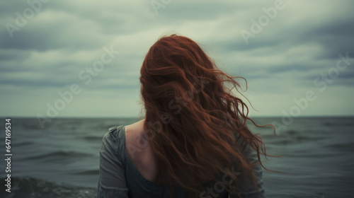 Portrait of woman with red hair in severe emotional distress, standing in ocean hurt and filled with overwhelming sadness, broken spirit, cold Atlantic ocean, moody and subdued color tone. © SoulMyst