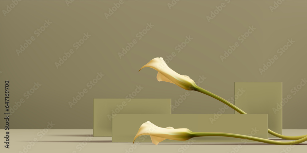 Abstract 3D Vector minimal scene for mockup product display. Cosmetic product background for sale event concept. Stage showcase with white calla lily on beige display studio background. Vector EPS10