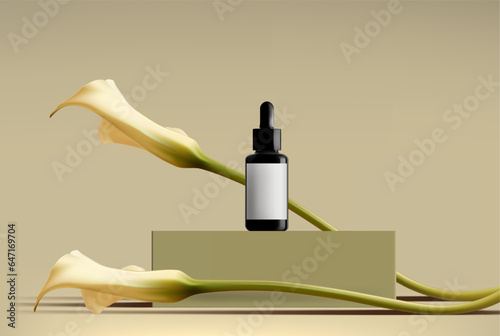 Abstract 3D Vector minimal scene for mockup product display. Cosmetic product background for sale event concept. Stage showcase with white calla lily on beige display studio background. Vector EPS10