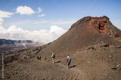 Trekking on the Piton de la Fournaise volcano on the tropical Reunion Island in the Indian Ocean