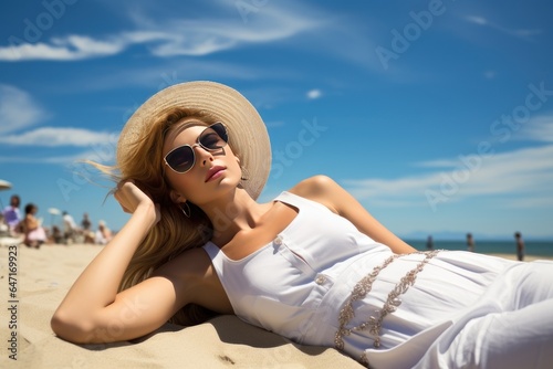 Beautiful model in swimsuit lying on her stomach sunbathing on the sandy beach by the sea