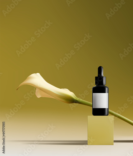 Abstract 3D Vector minimal scene for mockup product display. Cosmetic product background for sale event concept. Stage showcase with white calla lily on beige display studio background. Vector EPS10
