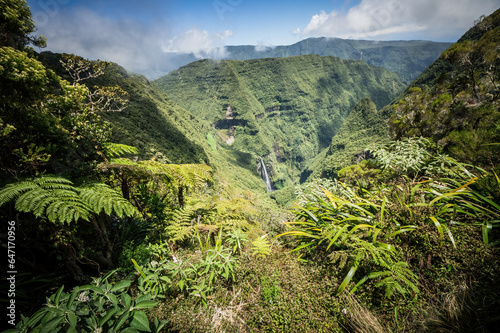 Valley with waterfall on the tropical Reunion Island in the Indian Ocean