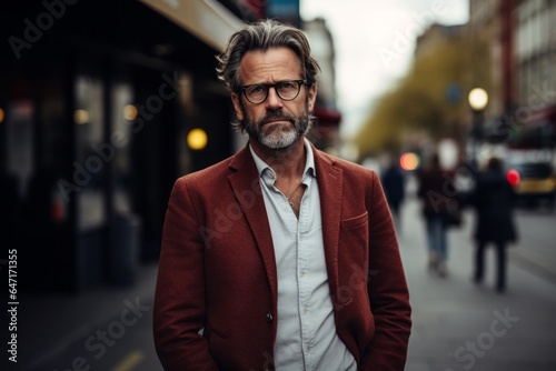 Handsome middle-aged man in a red jacket and glasses on a city street. photo