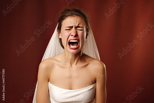Portrait of a bride wearing a white wedding dress upset and screaming photo