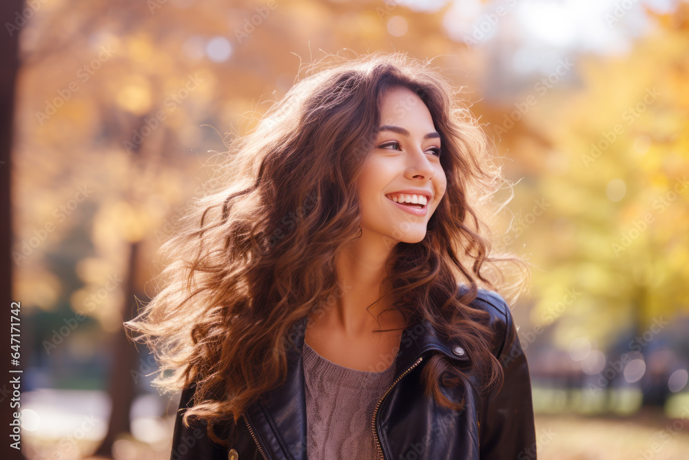 Young smile latin hispanic woman walking at park in autumn morning Young smile latin hispanic woman walking at park in autumn morning