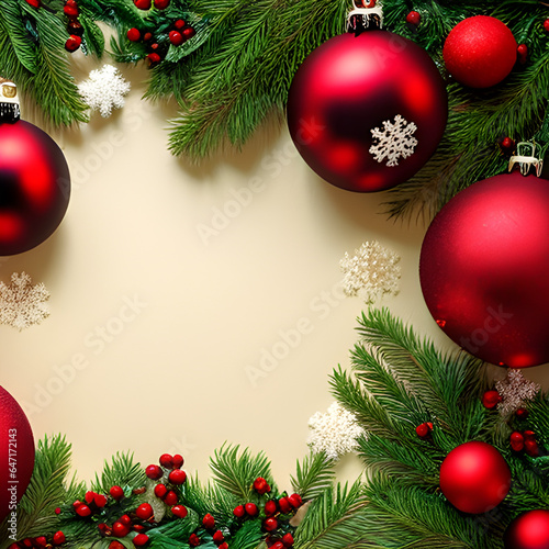 Christmas decorations and Christmas ball's with red presents and christmas tree on the background