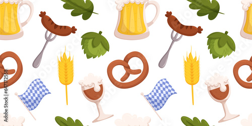Seamless pattern with German beer festival objects such a pretzel, Bavarian color flag, hop plant and leaf, grilled sausage on fork, glass mug with light and dark beer