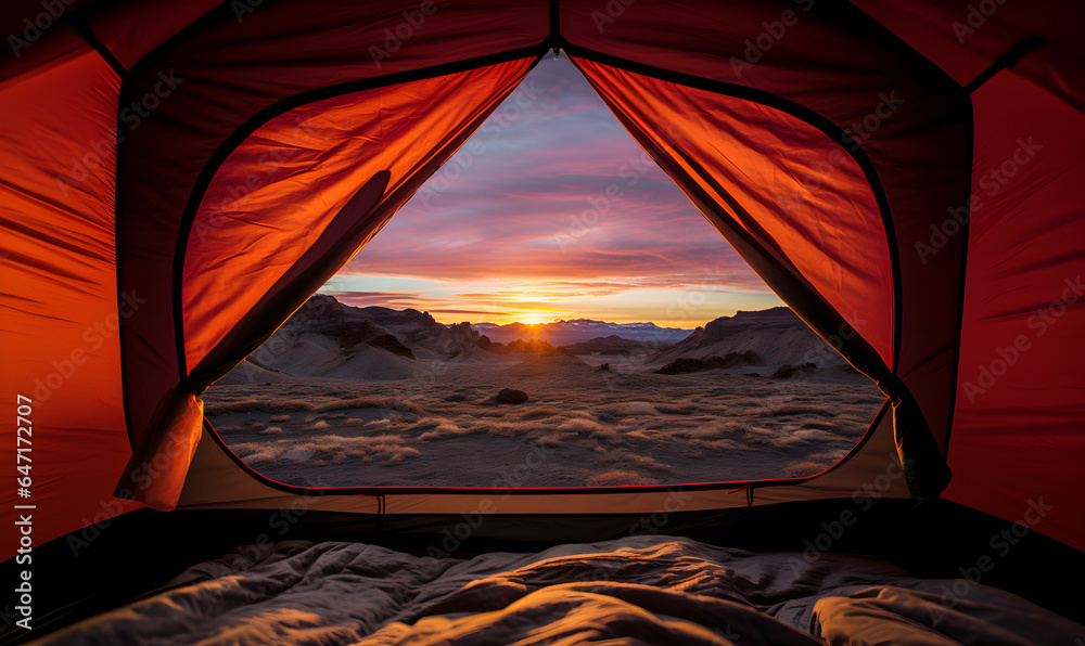 paysage hivernale vu depuis l'intérieur d'une tente de camping - coucher de soleil - obrazy, fototapety, plakaty 