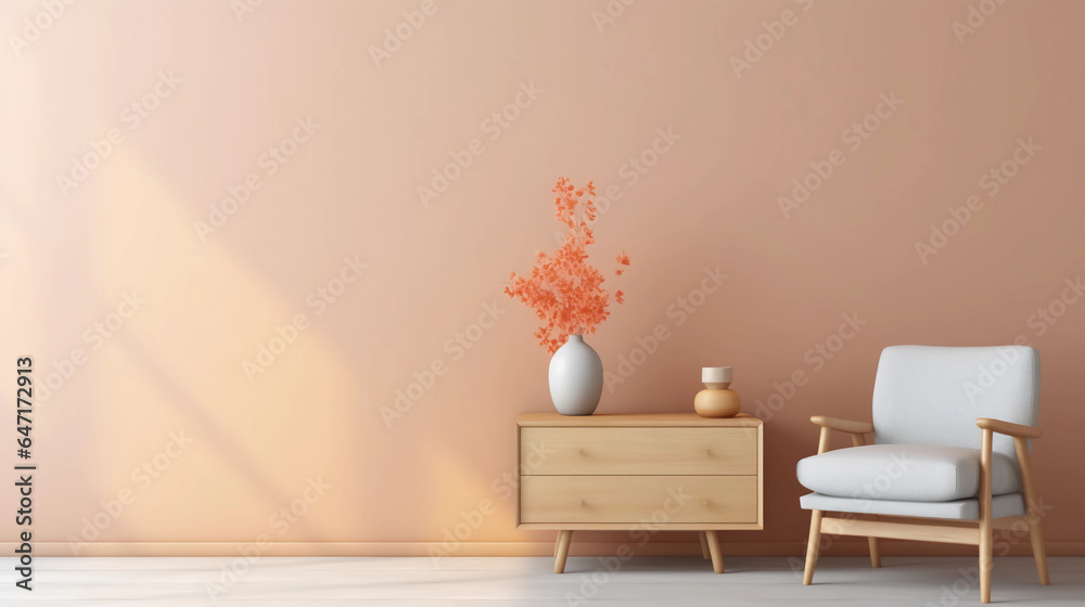 Fototapeta premium Interior of minimal living room with wooden chair, chest of drawers and vase with flowers near the wall, extremely modern and minimalistic style, pastel house, moody, window light, Generative AI.