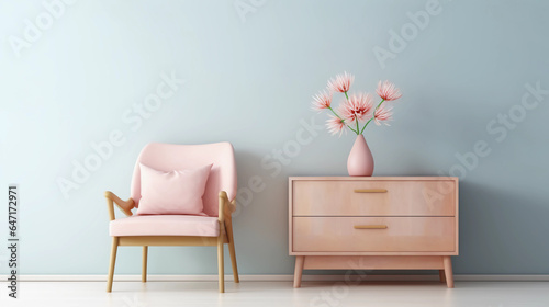 Interior of minimal living room with wooden chair, chest of drawers and vase with flowers near the wall, extremely modern and minimalistic style, pastel house, moody, window light, Generative AI.