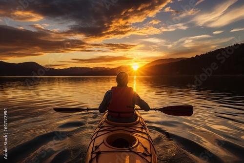 Model kayaking on a tranquil lake at sunset. Generative AI. © Dusit