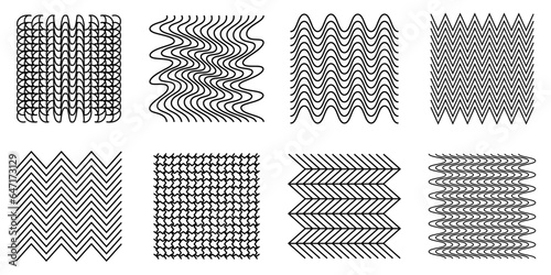 Abstract wavy and zigzag objects and grids. Black and white vector illustration. Linear drawing of warped and convex shapes.