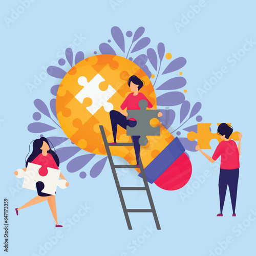 Team work in business people cooperate solve puzzles to find ideas and solutions in building a startup business character concept vector illustration