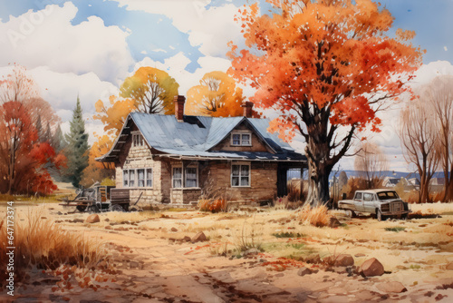 Watercolor Autumn house background, park and forest foliage backdrop