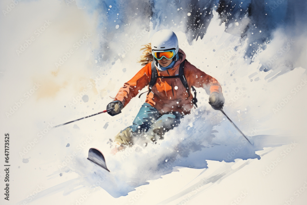 A woman is skiing on a mountain with thick snow, watercolor background