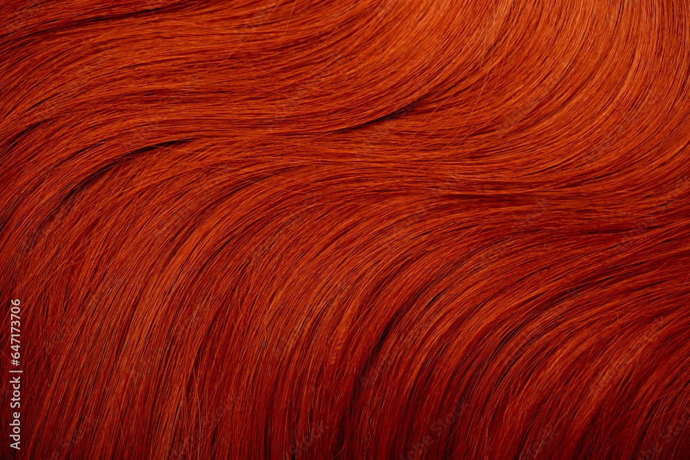 Red hair close-up as a background. Women's long orange hair. Beautifully styled wavy shiny curls. Hair coloring bright shades. Hairdressing procedures, extension. Red hair close-up as a background. Women's long orange hair. Beautifully styled wavy shiny curls. Hair coloring bright shades. Hairdressing procedures, extension.