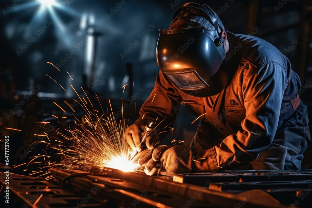 Workers and welders who perform arc welding in factories. Generative AI. Workers and welders who perform arc welding in factories. Generative AI.