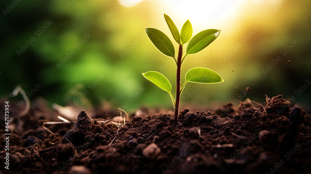 In the morning's gentle glow, a fledgling plant thrives amidst the verdant beauty of nature, embodying the idea of progress in both ecology and finance on Earth Day.