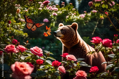 bear and butterfly in roses garden