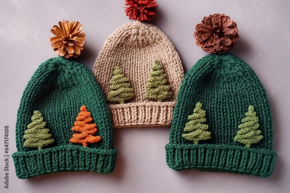 Knitted winter caps collection decorated with Christmas trees. Generative AI