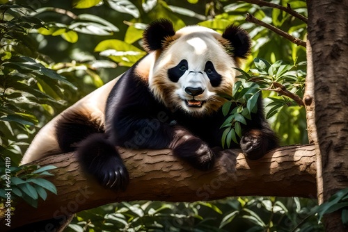 giant panda lying on tree branch