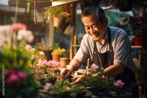 Portrait of happy senior Asian man working in his flower shop
