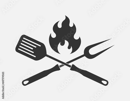 Barbecue graphic icon. Crossed barbecue tools and flame sign isolated on white background. Vector illustration