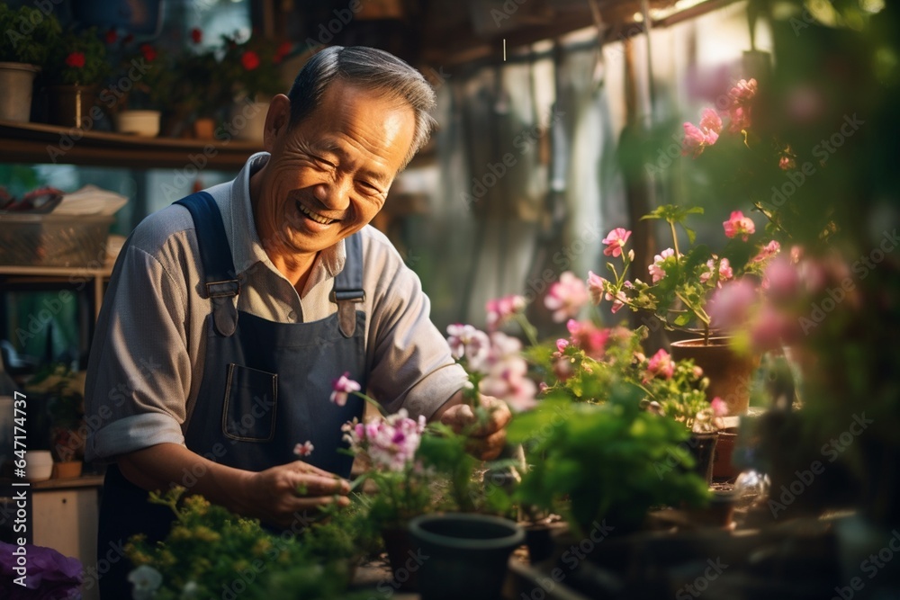 Portrait of happy senior Asian man working in his flower shop Portrait of happy senior Asian man working in his flower shop