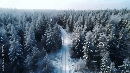 The road passes through the middle of the Pine wood forest in winter season.White snow. Drone view. © Narut