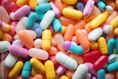 Close -up of various colorful medicines distributed from the medical treatment results of the hospital. Health concept for treatment and improvement.