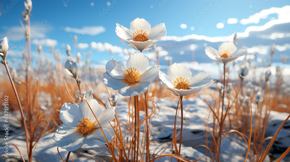 boho flower in a meadow on a lovely winter day with a beautiful sky and birds flying in the background photo realistic . 