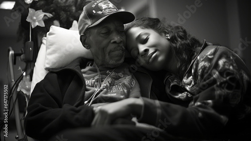 Supporting loved ones during illness. A daughter visits her father in the hospital, comforting him, sharing stories and forming bonds during his recovery.