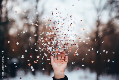A celebratory background image, with confetti being blown away from a hand, set against a softly blurred forest backdrop, combining festivity with natural beauty. Photorealistic illustration