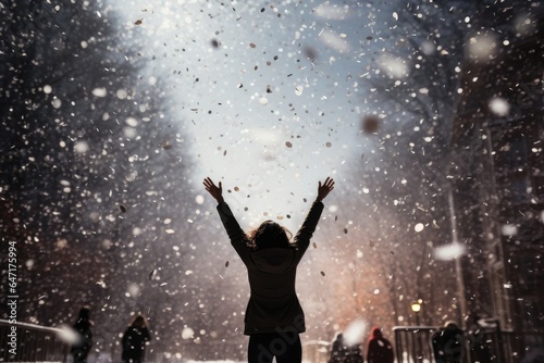 A celebratory background image for creative content, capturing a woman cheering with open arms as confetti falls from the sky, set against a blurred street. Photorealistic illustration