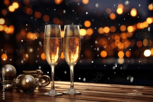 A customizable celebratory banner for creative content, featuring glasses of champagne against blurred holiday lights, offering space for personalization and setting. Photorealistic illustration