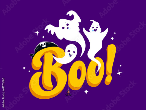 Halloween kawaii ghosts, boo holiday quote. Adorable vector spooky crew haunt the night, spreading cheer with a bootiful fun. Funny lettering decorated with phantoms, spider, pirate bandana and stars