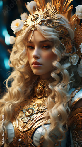 A young girl dressed like a goddess with long blonde hair, blue and gold. AI Generative