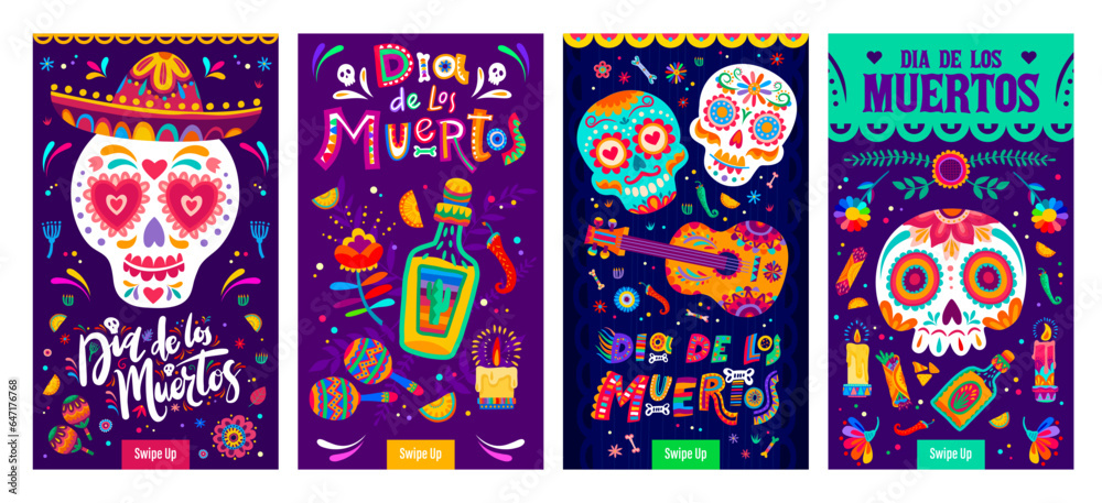 Dia De Los Muertos Mexican holiday banners, Day of Dead calavera sugar skulls in sombrero, vector background. Mexican fiesta holiday guitar, maracas and tequila with chili pepper and candles
