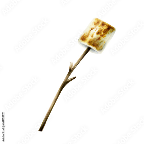 Watercolor roasted marshmallows on a stick illlustration. Mountin equipment for recreation tourism and adverture isolated on white background. Clip art for designers, travel business, postcards, s