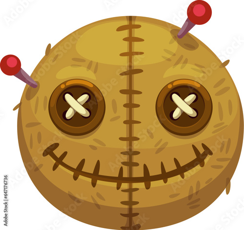 Cartoon Halloween voodoo doll emoji representing round burlap face pierced with pins, with sewed mouth and cross stitched eyes, used to convey curses, hexes, or a sense of control in a playful manner